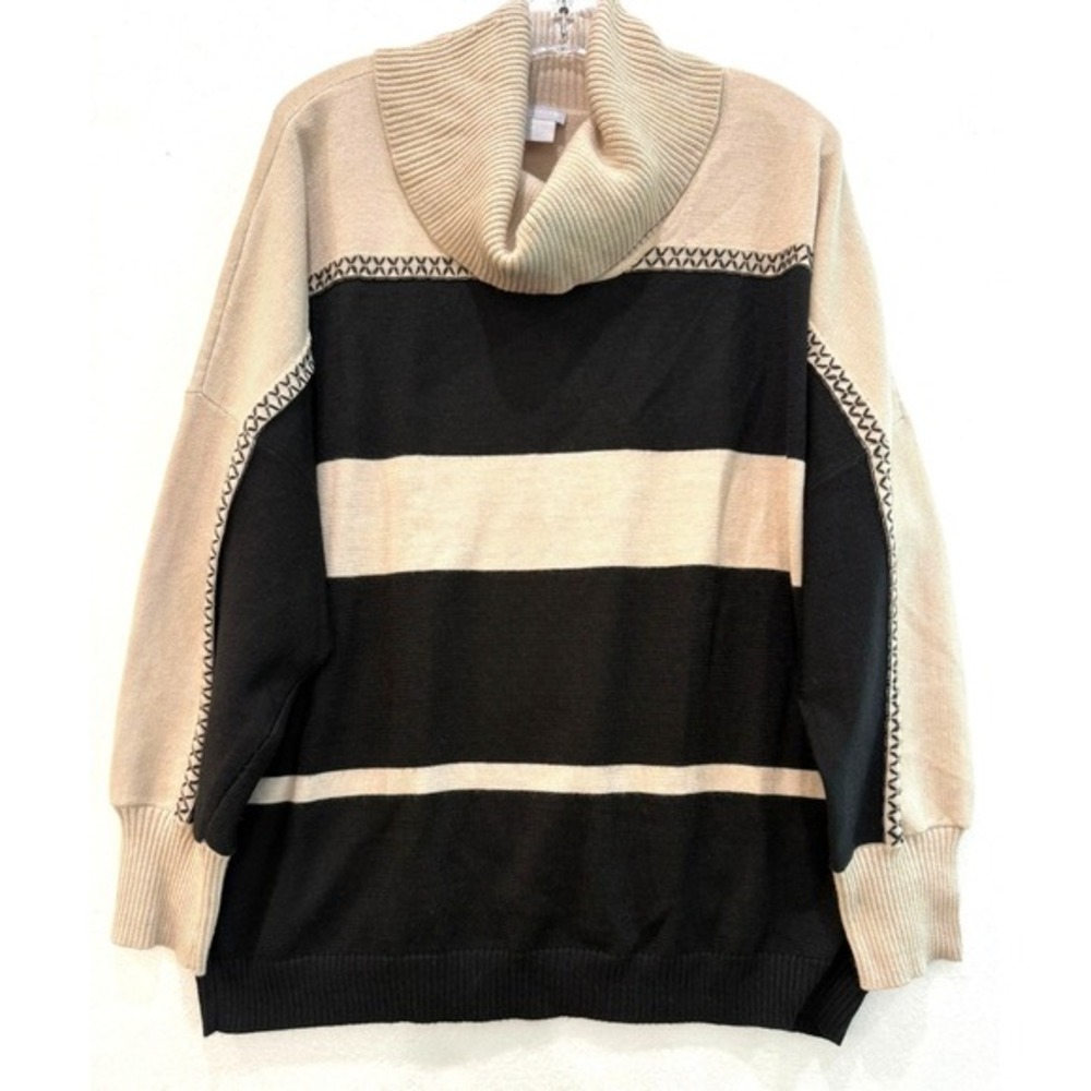 Chico's Ivory & Black Cowl Neck Dolman Sleeve Embroidery Knit Sweater Sz 4 / 20